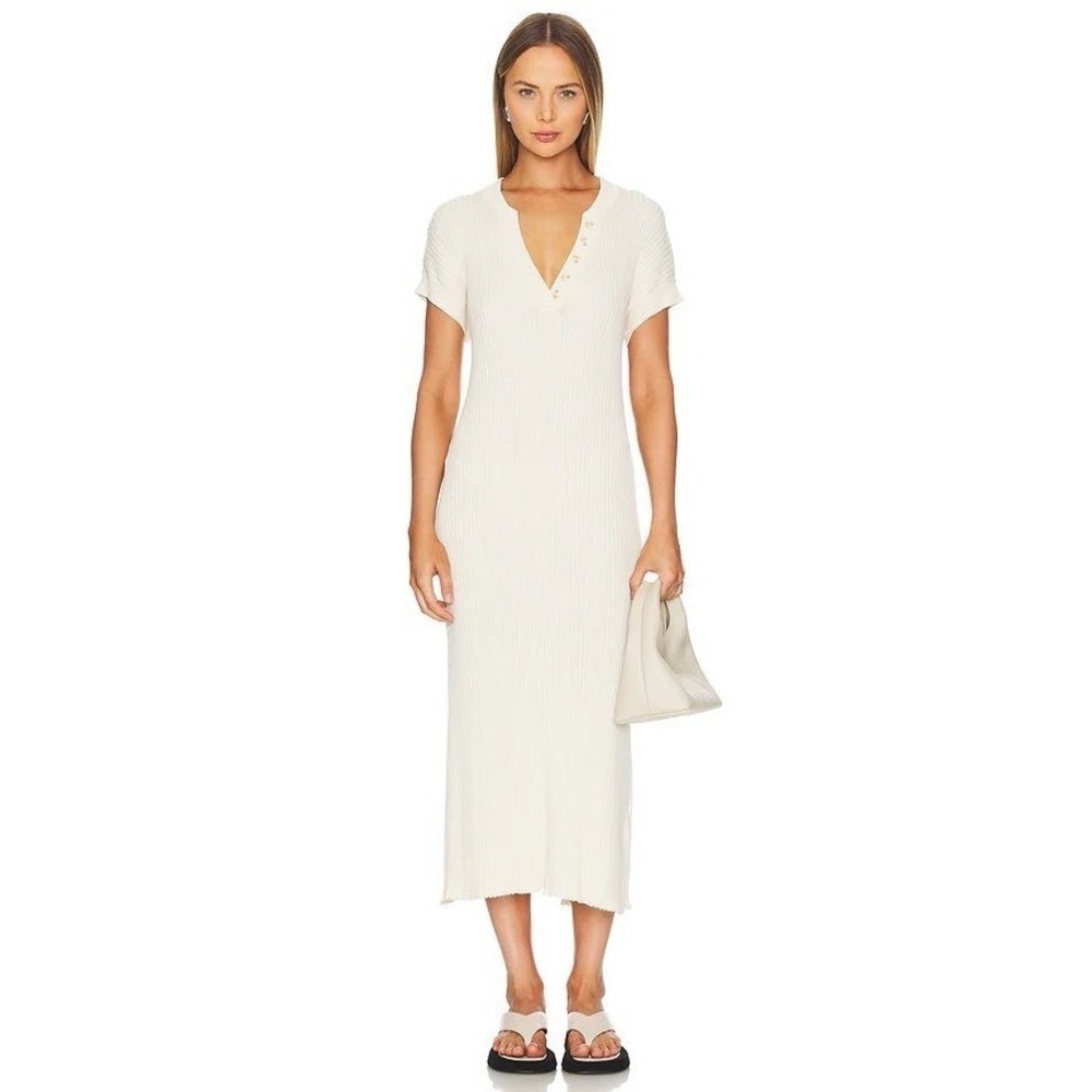 Varley Midi Dress Whitecap Grey Ribbed Knit Henley Short Sleeve XXS